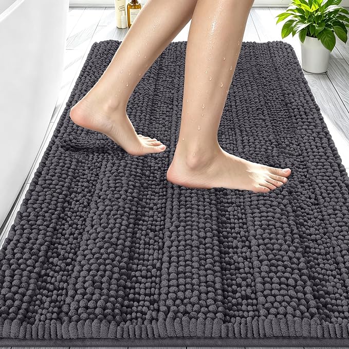 Smiry Thick Chenille Bathroom Rugs 30x20, Absorbent Bath Mat, Dark Grey | Quick‑Dry & Machine Washable, Non‑Slip Bath Carpet, Soft Striped Bath Rugs for Tub & Shower, Modern Home Decor Accessories