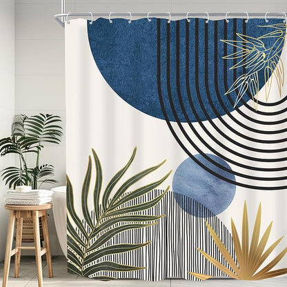 Mid Century Blue Green Boho Abstract Modern Bathroom Shower Curtain Set | 60Wx72L Plant design, waterproof HD print with fast-drying fabric and 12 hooks.