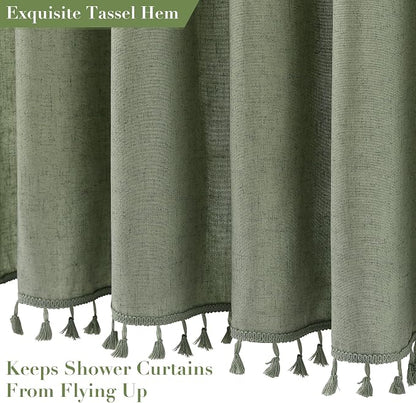 Sage Green Boho Linen Shower Curtain 72 Inch Length Vintage Farmhouse Weighted Tassel Design Green Shower Curtain for Bathroom with Hooks Bohemian Modern Neutral Cottage Style Decor 72x72