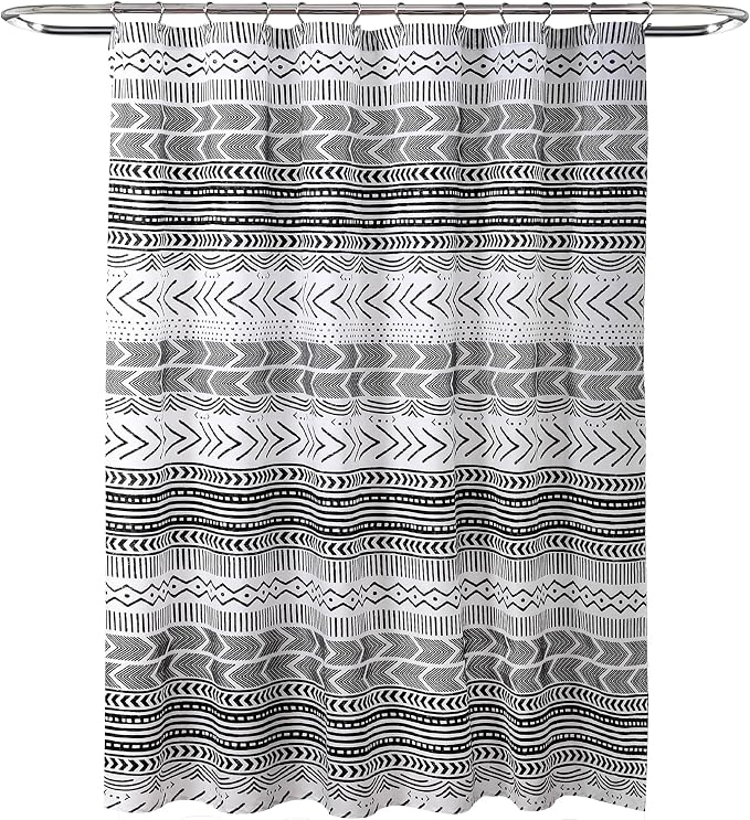 Lush Decor Hygge Geo Shower Curtain, 72" W x 72" L, Black/White - Curtain For Bathroom - Striped Bathroom Decor - Black Bath Accessories - Neutral Color Accessories - Geometric Scandinavian Print