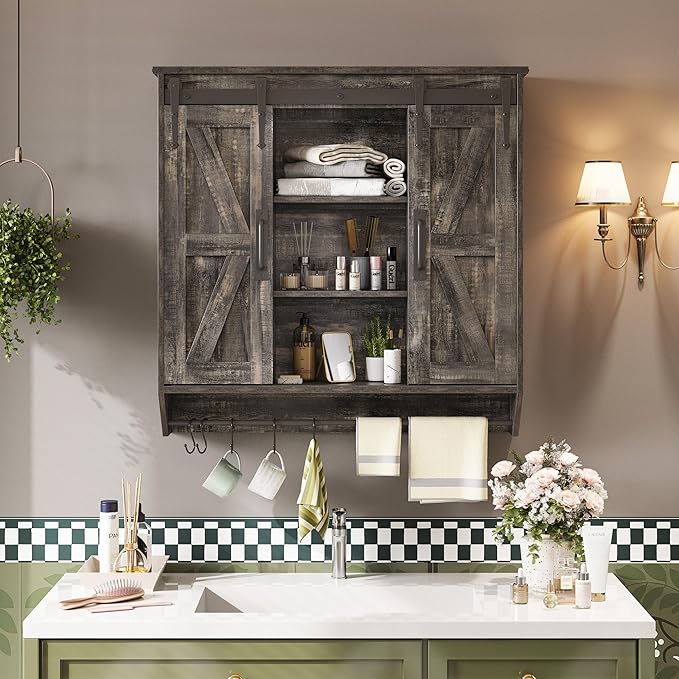 Farmhouse Medicine Cabinet 2 Sliding Barn Doors 3 Tier Rustic Wood Wall Storage Cabinet Adjustable Shelf Towel Bar Wall Mounted Bathroom Wall Cabinet