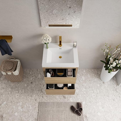 Abruzzo 24" Natural Oak Wall-Mounted Bathroom Vanity with Sink – Stone Resin Countertop & Soft-Close Drawers, Waterproof Wood Cabinet for Small Bathrooms