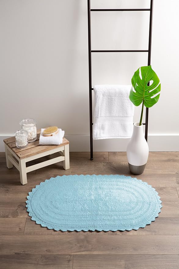 DII Crochet Collection Reversible Bath Mat, Small Oval, 17x24, Cameo Blue