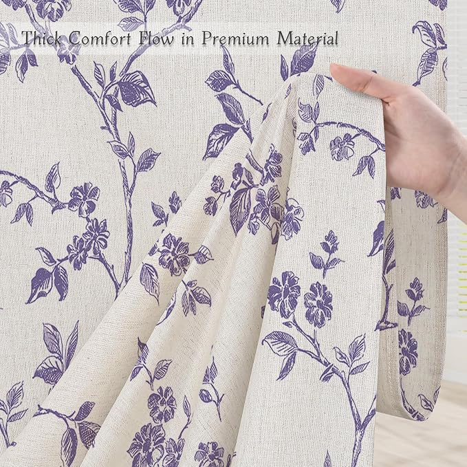 MitoVilla Purple Linen Floral Shower Curtain for Bathroom, 72 x 72 | Purple BoHo Cottagecore Spring Shower Curtains, Modern Farmhouse Country Plant Leaves Bathroom Décor, 72 x 72