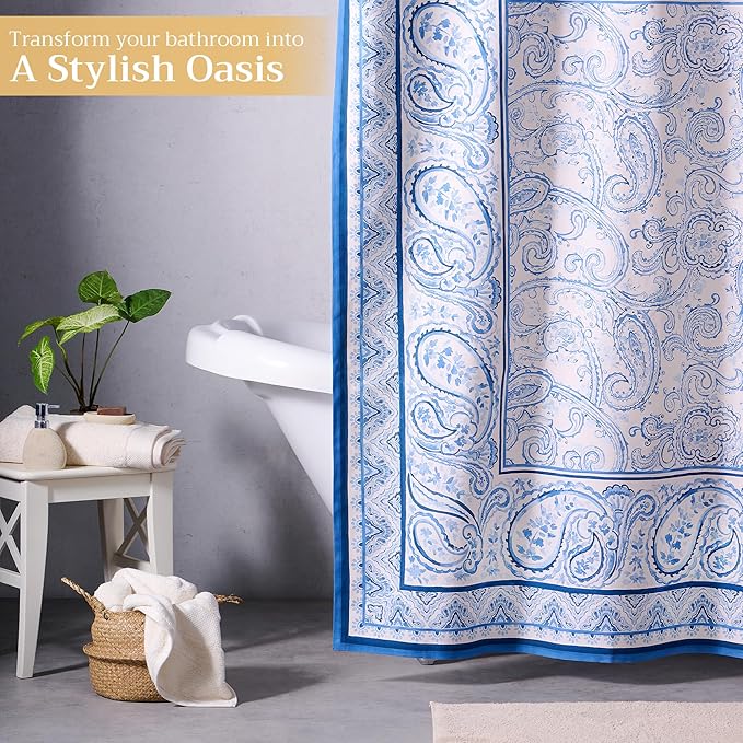 Maison d' Hermine Shower Curtain 100% Cotton One Panel 70"x72" Washable Fabric Shower Curtains for Bathroom, Easy Hanging with 12 Button Holes -Hotel Spa Easter Gifts (Palatial Paisley - Blue)