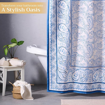 Maison d' Hermine Shower Curtain 100% Cotton One Panel 70"x72" Washable Fabric Shower Curtains for Bathroom, Easy Hanging with 12 Button Holes -Hotel Spa Easter Gifts (Palatial Paisley - Blue)