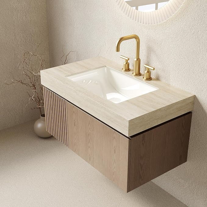 KEIKI 36 Inch Floating Bathroom Vanity with Sink, Light Brown & Beige | Modern Wall Mounted Storage Cabinet w/ Drawer & Door, Pre-assembled Wood Panels, Sintered Stone Top & Ceramic Basin Combo Set