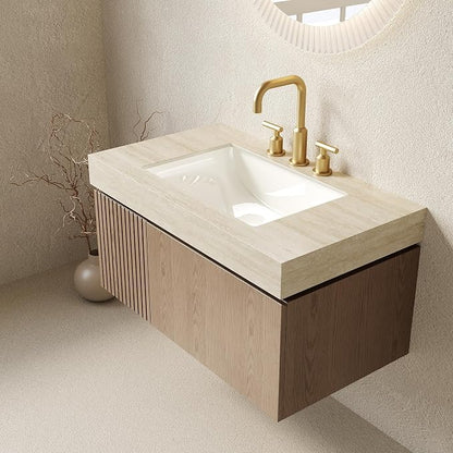 KEIKI 36 Inch Floating Bathroom Vanity with Sink, Light Brown & Beige | Modern Wall Mounted Storage Cabinet w/ Drawer & Door, Pre-assembled Wood Panels, Sintered Stone Top & Ceramic Basin Combo Set