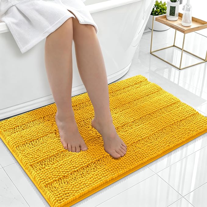 Smiry Thick Chenille Bathroom Rugs 36x24, Absorbent Bath Mat, Golden Yellow | Quick‑Dry & Machine Washable, Non‑Slip Bath Carpet, Soft Striped Bath Rugs for Tub & Shower, Modern Home Decor Accessories