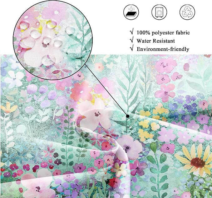 Teal Floral Cute Wildflower Watercolor Boho Art Bathroom Shower Curtain Set | 72"W x 72"H Leaves Botanical; waterproof HD print, quick-dry fabric with 12 hooks for easy hanging.