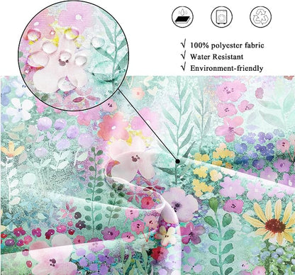 Teal Floral Cute Wildflower Watercolor Boho Art Bathroom Shower Curtain Set | 72"W x 72"H Leaves Botanical; waterproof HD print, quick-dry fabric with 12 hooks for easy hanging.
