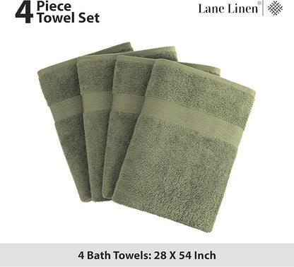 LANE LINEN Bath Towel Set 100% Cotton 4 Piece Soft Absorbent - Oil Green | Shower Towels - Generously Sized, Oversized & Roomy, Lightweight & Breathable, Fade-Resistant Color, Classic Terry Weave