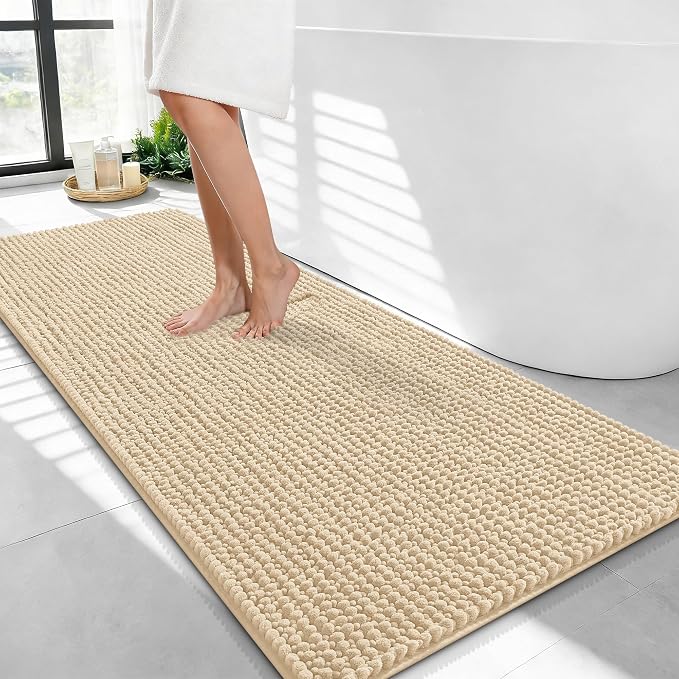 OLANLY Thick Chenille Bathroom Runner Rugs 44x24, Absorbent Bath Mat, Beige | Soft Bath Rugs, Rubber Backing, Machine Wash Dry, Bath Mats for Bathroom, Tub and Shower, Home Decor Accessories
