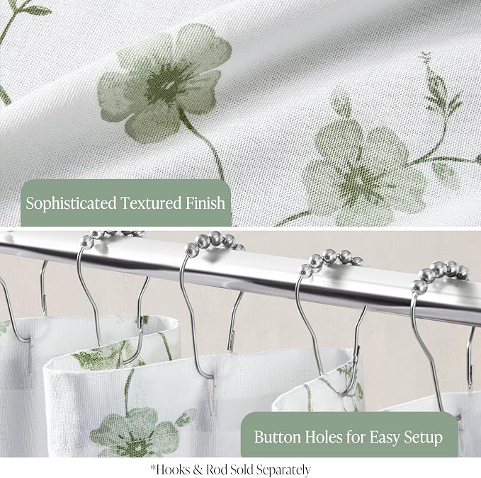 Martha Stewart 100% Cotton Floral Shower Curtain, 72 x 72, Sage Green | Martha's Garden Series, Botanical Floral Print, Spa Quality Modern, Machine Washable, Modern Bathroom Curtains