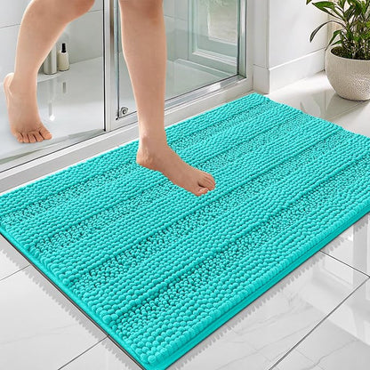 OLANLY Thick Bathroom Rugs 36x24, Soft Chenille Striped Bath Rugs, Teal | Rubber Backing, Machine Wash, Extra Absorbent Bath Mats for Bathroom Floor, Tub and Shower, Home Decor Accessories