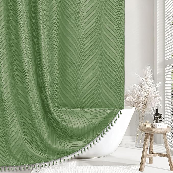Boho Shower Curtain Woven Fabric Sage Green Shower Curtain, 72 x 72 Tufted Leaves Textured Striped Modern Farmhouse Minimalist Cloth Shower Curtains for Bathroom