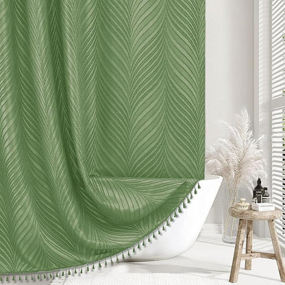 Boho Shower Curtain Woven Fabric Sage Green Shower Curtain, 72 x 72 Tufted Leaves Textured Striped Modern Farmhouse Minimalist Cloth Shower Curtains for Bathroom