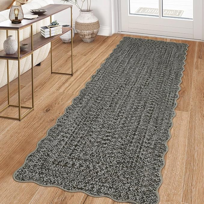 Imitation Braided Collection-Print Washable Runner Rug 2x8 Non Slip Bathroom Rug Scalloped Soft Farmhouse Throw Rugs Kitchen Runner Stain Resistant Carpet for Hallway Entryway Rugs