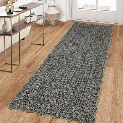 Imitation Braided Collection-Print Washable Runner Rug 2x8 Non Slip Bathroom Rug Scalloped Soft Farmhouse Throw Rugs Kitchen Runner Stain Resistant Carpet for Hallway Entryway Rugs