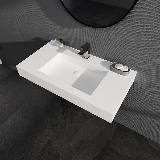 SJ Star&Jane 35" x 19" in Solid Surface Bathroom Sink, Wall-Mount or Countertop Vessel Sink, Rectangle Floating Vanity Sink, Pre-installed Faucet Holes, Durable Modern Design
