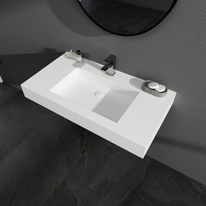 SJ Star&Jane 35" x 19" in Solid Surface Bathroom Sink, Wall-Mount or Countertop Vessel Sink, Rectangle Floating Vanity Sink, Pre-installed Faucet Holes, Durable Modern Design