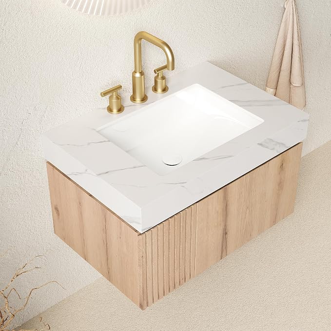 KEIKI 30 Inch Floating Bathroom Vanity with Sink, White Oak & White | Modern Wall Mounted Storage Cabinet w/ Drawer & Door, Pre-assembled Wood Panels, Sintered Stone Top & Ceramic Basin Combo Set