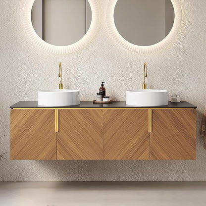 LKTART 60 Inch Bathroom Vanity Double Sink, Double Sink Bathroom Vanity with White Round Ceramic Basins, 4 Doors Modern Wall Mounted Bathroom Storage Cabinet, Black Sintered Stone Countertop, Brown