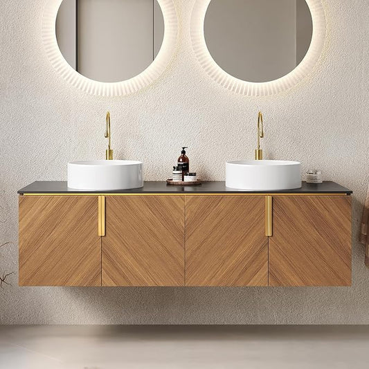 LKTART 60 Inch Bathroom Vanity Double Sink, Double Sink Bathroom Vanity with White Round Ceramic Basins, 4 Doors Modern Wall Mounted Bathroom Storage Cabinet, Black Sintered Stone Countertop, Brown