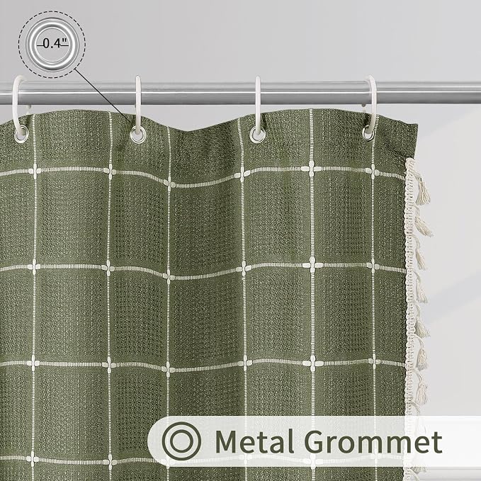 Extra Long Boho Farmhouse Shower Curtain for Bathroom 72x84 | Extra Long French Country Plaid Tassel Shower Curtain, Rustic Aesthetic Bathroom Decor Windows Curtain, Green