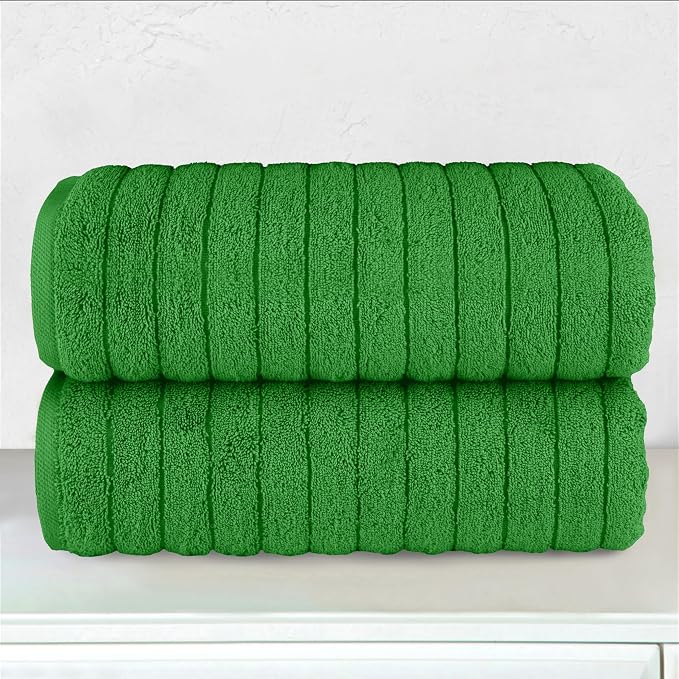 Elegant Comfort 100% Turkish Cotton Corduroy Ribbed Luxury Soft 2 Pack Bath Towels 27 x 54 Inch - Ultra Plush, Absorbent, Quick Dry, Hotel Spa Quality Towels for Bathroom Essentials, Emerald Green