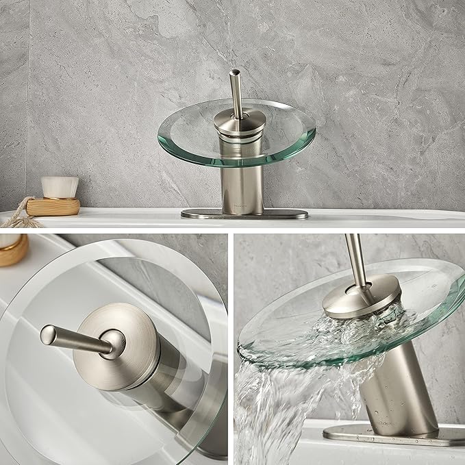 Waterfall Bathroom Sink Faucet Unique Brass Modern Circle Glass Waterfall Faucet for Basin Vanity Single Hole Pedestal Sink Faucets One Handle Corner Sink Bathroom Faucet, Brushed Nickel