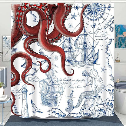 Fungarth 84 Inch Extra Long Red Nautical Octopus Shower Curtain Navy Blue Mermaid Funny Ocean Kraken Shower Curtains for Bathroom Anchor Coastal Map Waterproof Fabric Bath Curtain (Red, 72” x 84”)