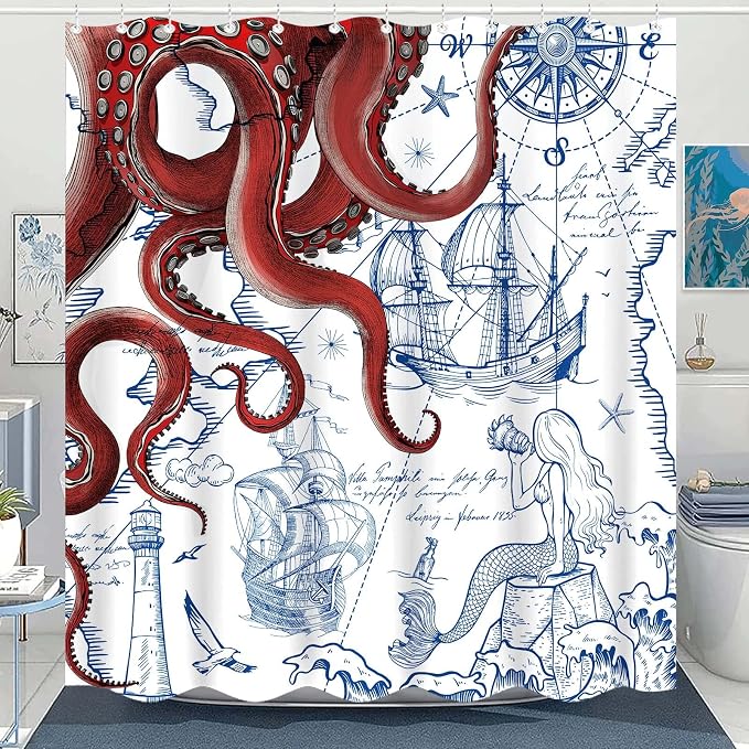 Fungarth Long Red Nautical Octopus Shower Curtain Navy Blue Mermaid Funny Ocean Kraken Shower Curtains for Bathroom Cool Anchor Coastal Map Waterproof Fabric Bath Curtain Decor (Red, 72” x 78”)