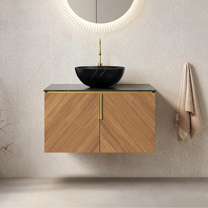 LKTART 30 Inch Bathroom Vanity with Sink, Modern Wall Mounted Bathroom Sink with 2 Doors, Black Sintered Stone Countertop and Gray-Black Bowl Ceramic Basin, Brown