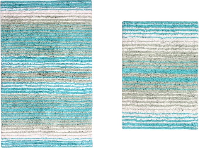 Home Weavers 100% Cotton Gradiation Collection Bathroom Décor | Washable Rug | Bathroom Mat | Kitchen Mat | Bathroom Rug Set | Bath Mat Set | Bath Floor Mat Non Slip, 2 Piece Set(S+M), Turquoise