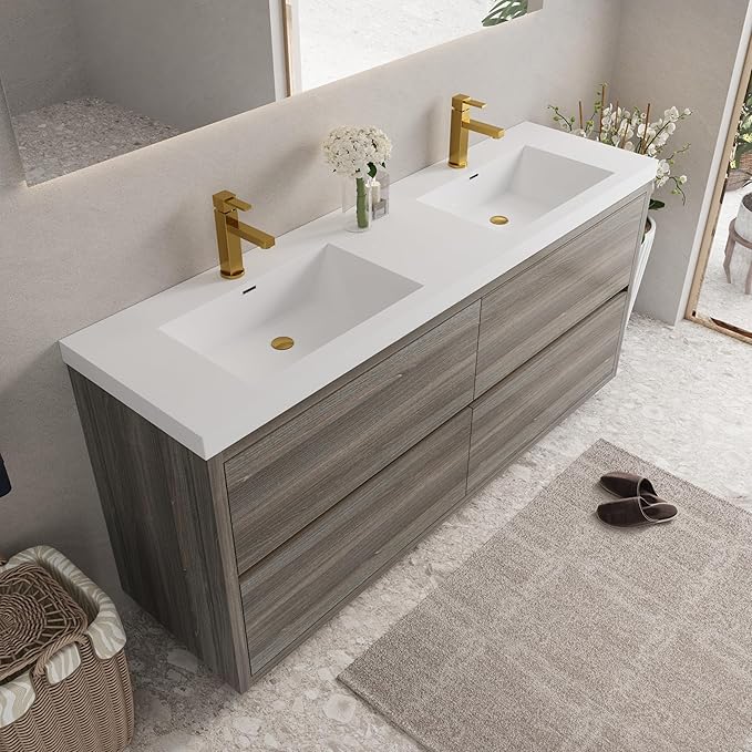 72" Freestanding Bathroom Vanity with 2 Sinks, Storage Cabinet with Stone Resin Countertop, 4 Soft Close Drawers, Espresso Wood, Pre-Assembled Base, Ash Grey