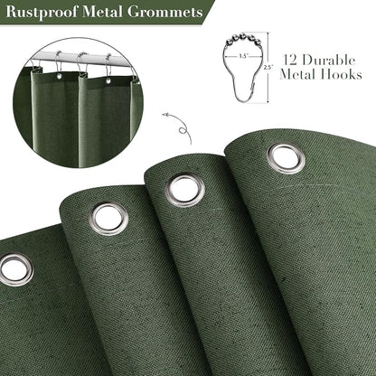 Olive Green Boho Linen Shower Curtain for Bathroom Luxury Fancy Modern Rustic Fabric Shower Curtain Set with Hooks Farmhouse Hotel Style Bath Accessories Decor Water Repellent 72x72