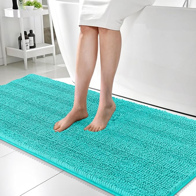 OLANLY Thick Bathroom Runner Rugs 59x24, Soft Chenille Long Bath Rugs, Teal | Absorbent Striped, Rubber Backing, Machine Wash, Bath Mats for Bathroom Floor, Tub and Shower, Home Decor Accessories