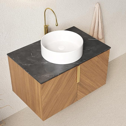 LKTART Floating Vanity Bathroom 30 inch, Modern Wall Mounted Bathroom Storage Cabinet with 2 Doors, Black Sintered Stone Countertop and White Round Ceramic Basin, Brown