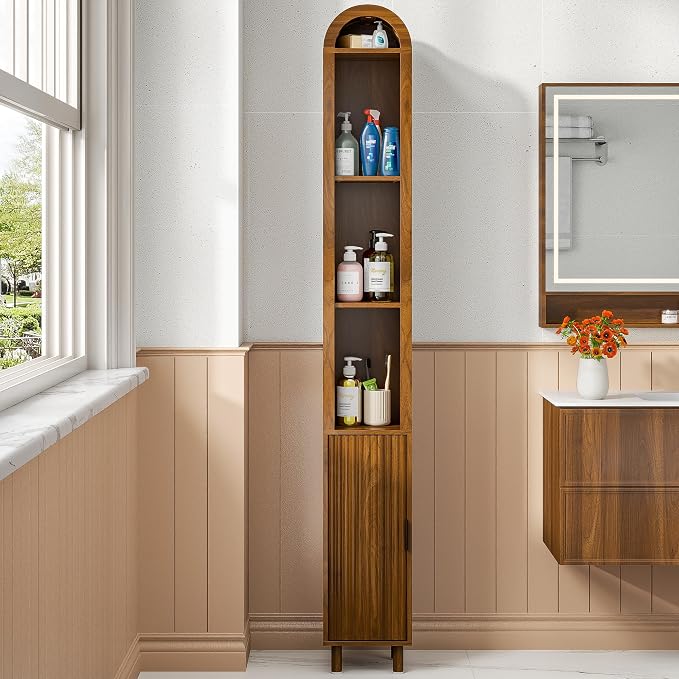 Narrow Bathroom Storage Cabinet, Tall Arched Small Wood Cabinet, Slim | Skinny Mid Century Modern Towel Cabinet, Fluted Doors, 4 Tier Shelves, Wooden Display Cabinet for Living Dining Room, Walnut