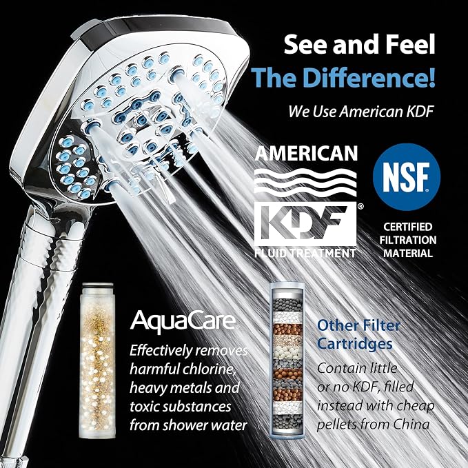 AquaCare 4X 10-Mode High Pressure Hand Shower w/Filter & 2-mode Power Wash | Filters Chlorine & Toxins, Softens Hard Water for Healthy Skin & Hair. Handheld Power Head Cleans Tub, Tile & Pets / Chrome