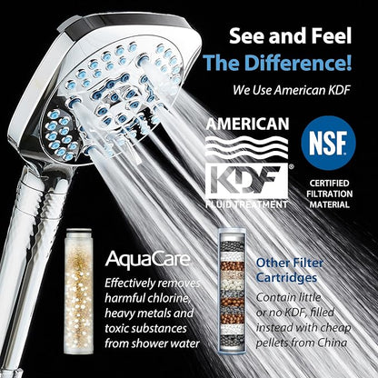 AquaCare 4X 10-Mode High Pressure Hand Shower w/Filter & 2-mode Power Wash | Filters Chlorine & Toxins, Softens Hard Water for Healthy Skin & Hair. Handheld Power Head Cleans Tub, Tile & Pets / Chrome
