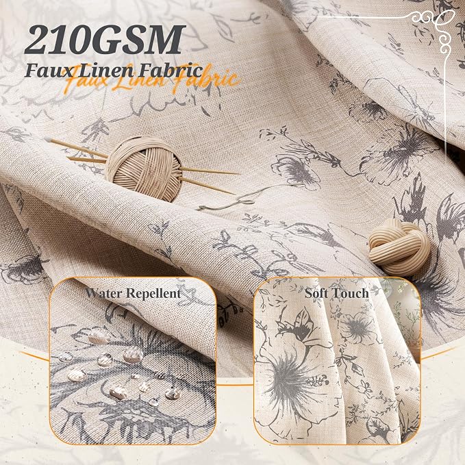 Vintage Floral Shower Curtain with 12 Clear Rings - 72" W x 72" L | Farmhouse Fabric Faux Linen Shower Curtain Set, French Country Cottagecore Style Shower Curtain for Bathroom