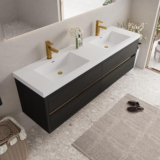 Abruzzo 72" Espresso Wood Wall-Mounted Bathroom Vanity with Double Sink – Stone Resin Countertop & Soft-Close Drawers, Waterproof Wood Cabinet for Bathrooms