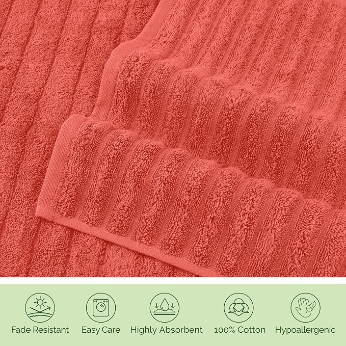 Elegant Comfort 100% Turkish Cotton Corduroy Ribbed Luxury Bath Towels 6-Piece Set, Premium Feel - Quick Dry, Highly Absorbent, Contains 2 Bath Towels, 2 Hand Towels, and 2 Washcloths, Coral