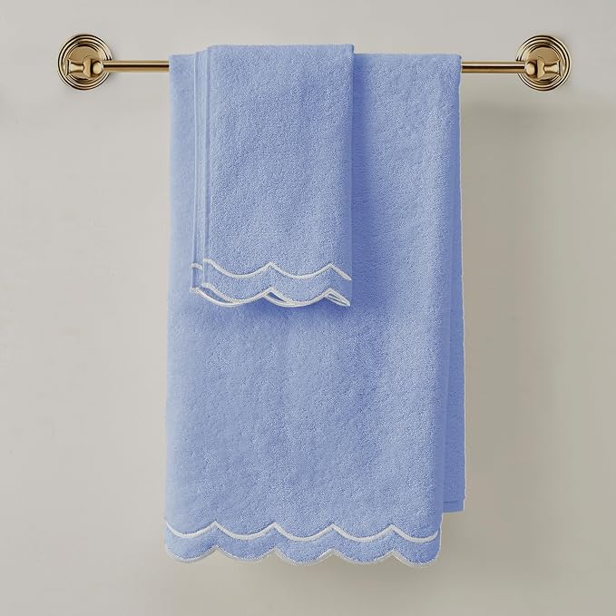 Peri Home 100% Cotton Hand Towel, 16" x 27", Blue with White Scallop, 1-Pc | Bathroom, Embroidered, Soft & Absorbent