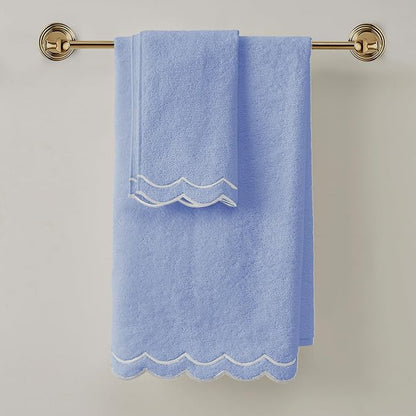 Peri Home 100% Cotton Hand Towel, 16" x 27", Blue with White Scallop, 1-Pc | Bathroom, Embroidered, Soft & Absorbent