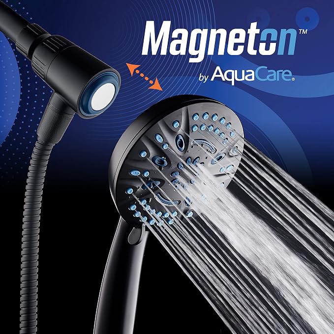 AquaCare Magneton 8-Mode High Pressure Handheld Shower Head with 2 Brackets | Space-age Magnetic Guidance Docking, Giant 5-inch Face with Hygienic Jets, Extra-long 6 ft. Stainless Steel Hose / Black