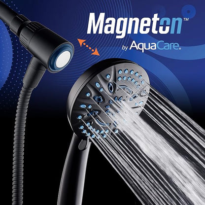 AquaCare Magneton 8-Mode High Pressure Handheld Shower Head with 2 Brackets | Space-age Magnetic Guidance Docking, Giant 5-inch Face with Hygienic Jets, Extra-long 6 ft. Stainless Steel Hose / Black