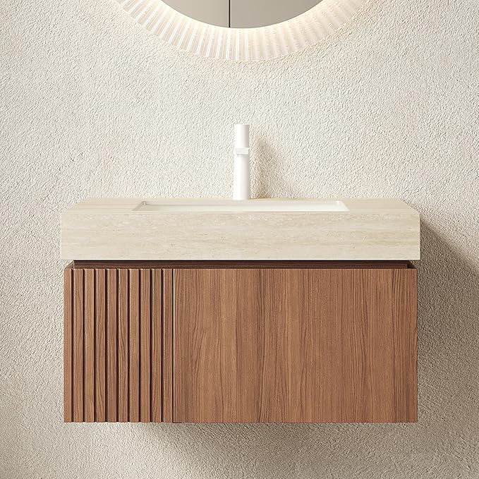 30” Floating Bathroom Vanity with Sink, Wall-Mounted Cabinet with Drawer & Doors, Roma Travertine-Pattern Countertop, Undermount Basin, Single Faucet Hole, Soft-Close, Pre-Assembled, Brown Oak